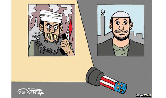Outra charge publicada pelo jornal egpcio Al-Watan, que criticou a revista Charlie Hebdo com cartuns