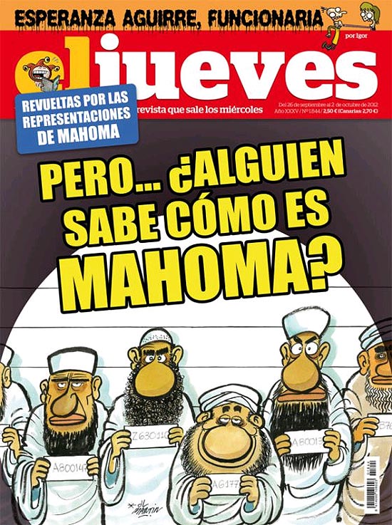 Capa da revista "El Jueves", que pergunta: "Mas...algum sabe como  Maom?"