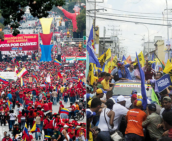 Megacomcios de Hugo Chvez ( esq.) e de Henrique Capriles, nesta quinta; candidatos levam milhares s ruas