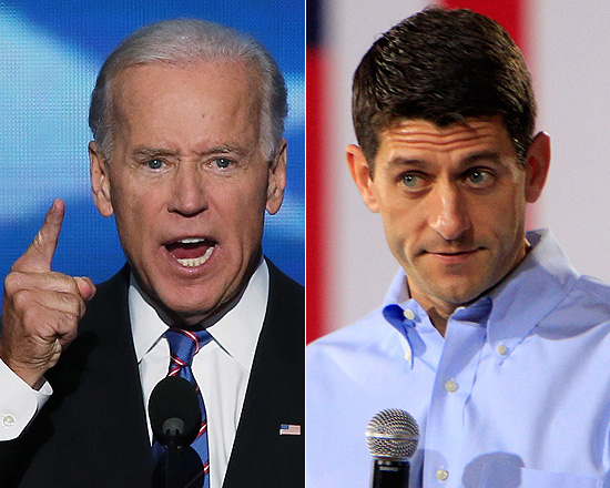 O atual vice-presidente dos EUA e democrata Joe Biden (e); o republicano e candidato a vice Paul Ryan