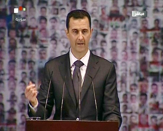 O ditador da Sria, Bashar Assad, durante o primeiro pronunciamento em meses, feito pela televiso