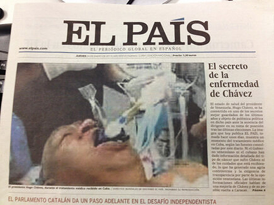 Edição do "El País" com foto falsa de Hugo Chávez; jornal pediu desculpas e retirou exemplares de circulação