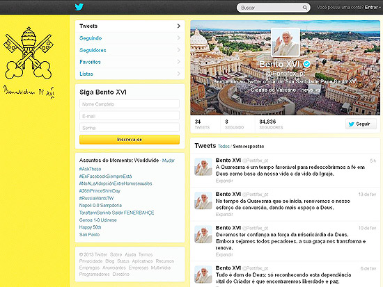 Mensagem do papa Bento 16 sobre a Quaresma no Twitter oficial, que tem verso em portugus 