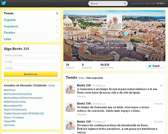 Perfil em lngua portuguesa do papa Bento 16 no Twitter