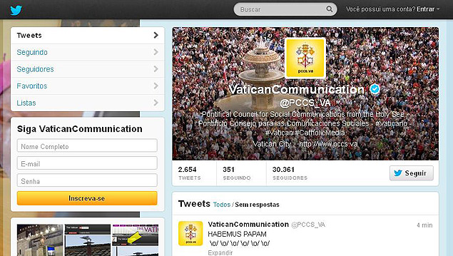Twitter do Vaticano anuncia a escolha do novo papa