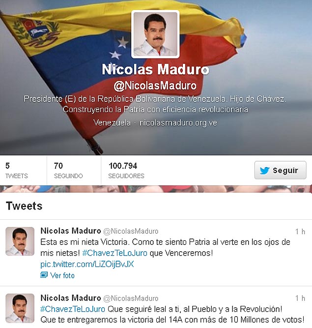 Reproduo da conta de Nicols Maduro no Twitter. Presidente interino da Venezuela j tem mais de 100 mil seguidores