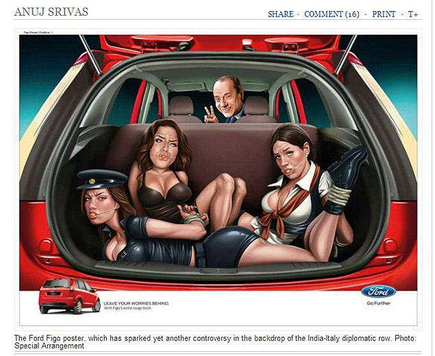 Caricatura usada em anncio de carro mostra Berlusconi ao volante, com mulheres de mos atadas no porta-malas