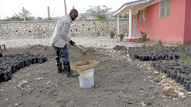 Sony Register prepara terra para o plantio de mudas de plantas nativas que sero distribudas pelo Haiti 