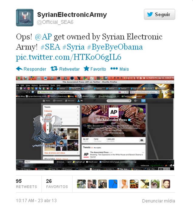 Pgina no twitter da Syrian Electronic Army, que alega ter invadido o twitter da AP
