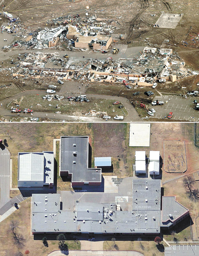 Montagem mostra escola Plaza Towers, em Moore, antes e aps ser atingida por tornado