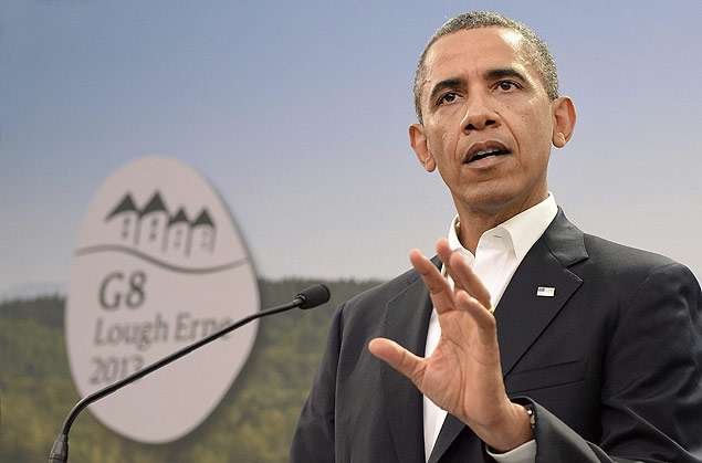 Obama discursa em evento paralelo  cpula do G8, em Belfast, na Irlanda do Norte; popularidade caiu para menor nvel desde 2011
