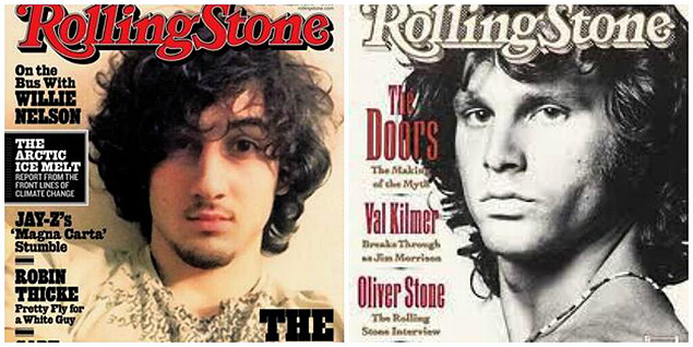 Comparativo entre as capas da revista "Rolling Stone" com o suspeito do ataque a Boston e o cantor Jim Morrison, da banda The Doors