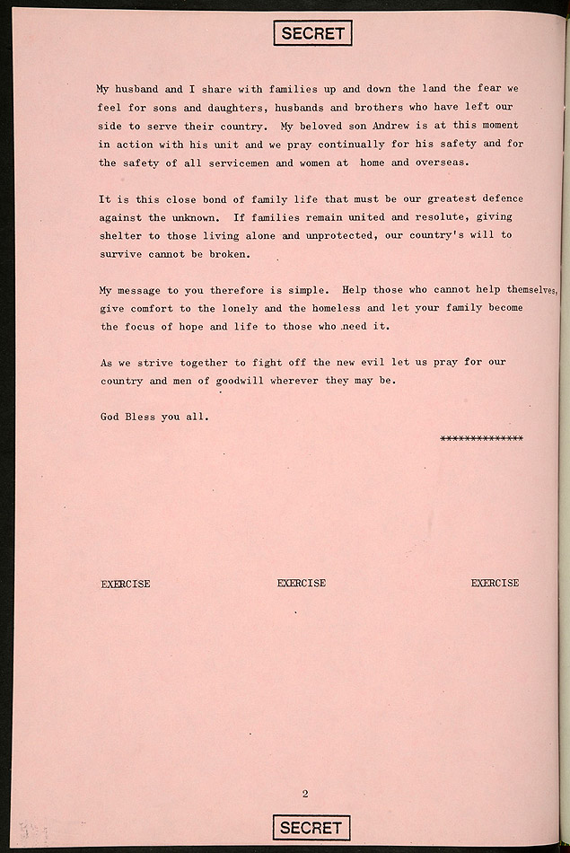 Imagem do documento com discurso a ser lido pela rainha Elizabeth 2 no caso de uma Terceira Guerra Mundial 