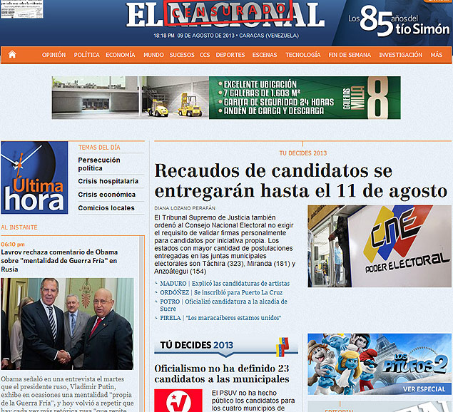 Site do jornal venezuelano "El Nacional" inclui tarja de "censurado"; veculo foi multado por foto publicada em 2010