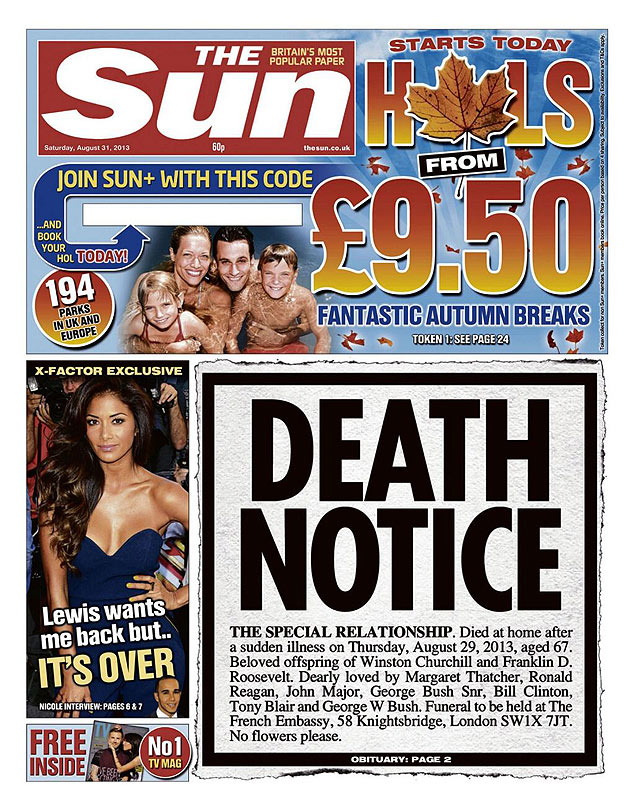 Reproduo da capa do "The Sun" com o obiturio da "relao especial" entre Reino Unido e Estados Unidos