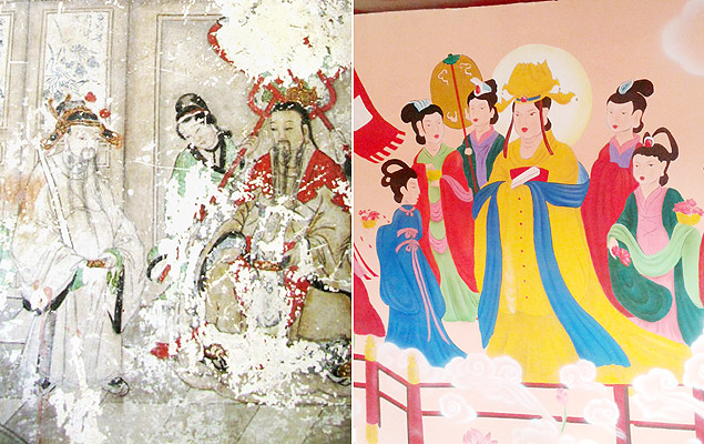 Antes (esq.) e depois: a restaurao feita por funcionrios pblicos chineses em templo do pas