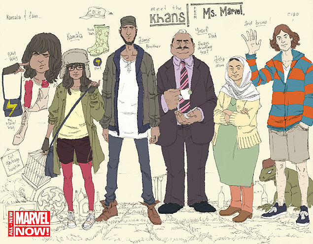 Ilustração mostra a família de Kamala Khan (2ª da esq. para a dir.), garota muçulmana que vai ser a nova Miss Marvel