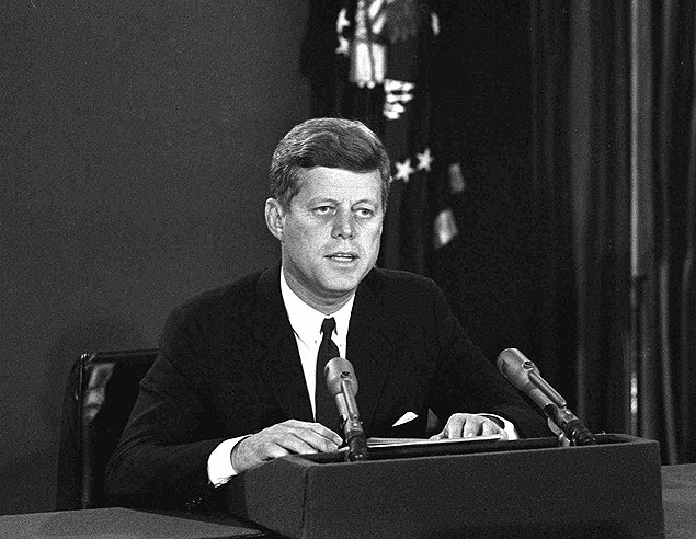 FILE - In this Oct. 22, 1962 file photo, President John F. Kennedy makes a national television speech from Washington. He announced a naval blockade of Cuba until Soviet missiles are removed. The Kennedy image, the 