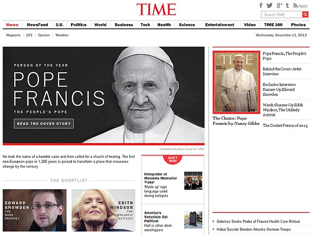 Site da revista "Time", que escolheu o papa Francisco como personalidade do ano
