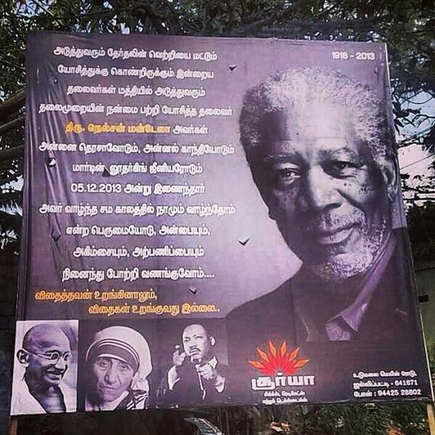 Cartaz indiano, em memria  Nelson Mandela, coloca foto de Morgan Freeman no lugar da imagem do ex-lder sul-africano ----- Blog: Indian memorial billboard gets Morgan Freeman mistaken for #Mandela. http://bit.ly/1hr2MWJ pic.twitter.com/1kHv0nQZ0l