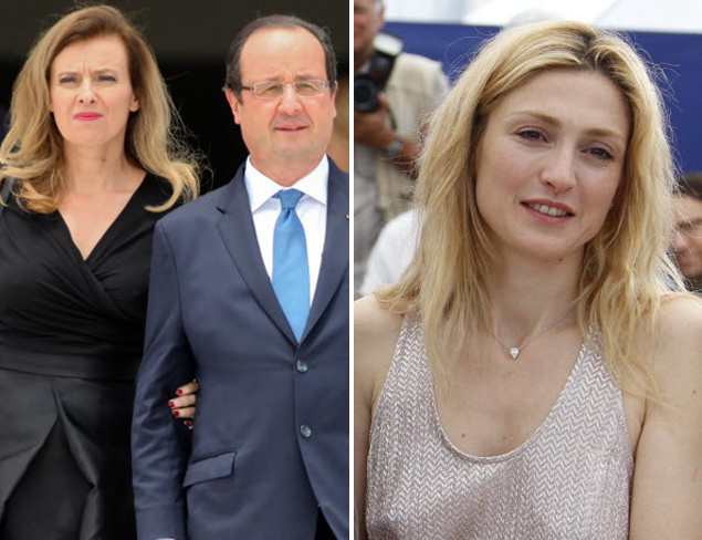 O presidente francs Franois Hollande acompanhado de sua mulher, Valerie Trierweiler, e a atriz Julie Gayet 