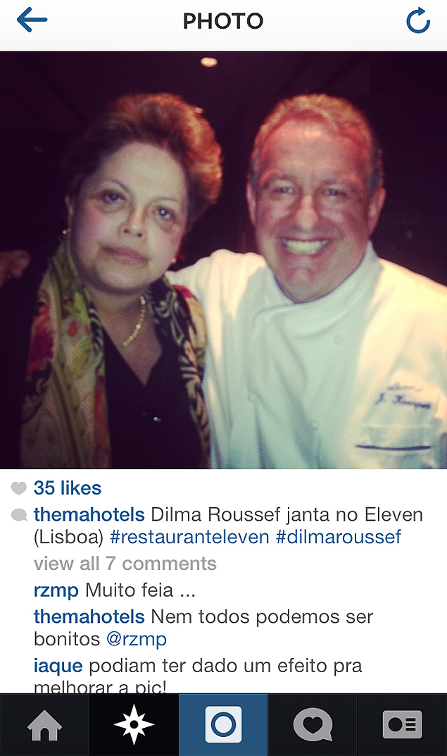Reprodução do Instagram do Hotel Therma mostra Dilma ao lado do chef português Joachim Koeper e os comentários pouco elogiosos