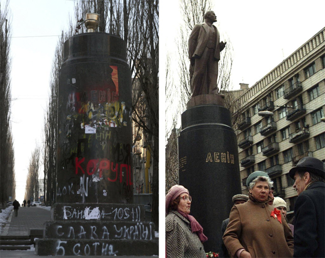 Montagem mostra esttua de Lnin em Kiev antes e depois de depredao, em dezembro passado 
