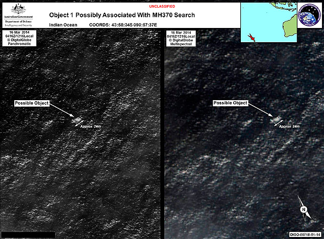Objetos avistados no Oceano ndico por satlite australiano que podem ser peas do avio desaparecido da Malaysia Airlines no dia 8