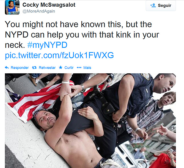 "Voc pode no saber, mas a polcia de Nova York pode te ajudar com aquele seu pescoo travado", diz mensagem irnica sobre abuso policial no Twitter