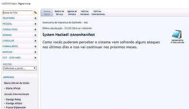 Imagem da intranet do Itamaraty mostra aviso do hacker @AnonManifest; rede foi invadida