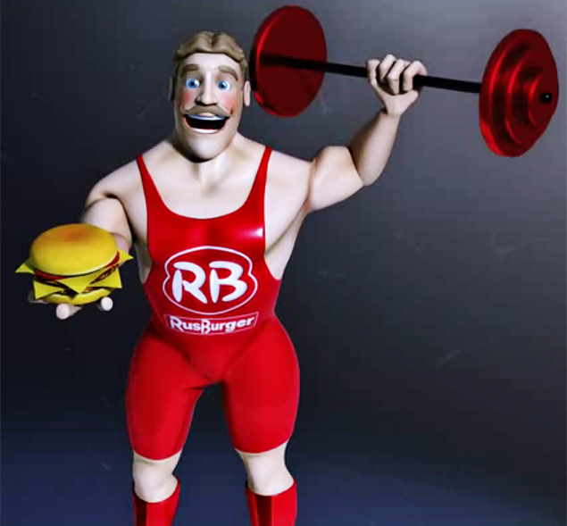 O mascote da rede de fast-food russa Rusburger, que concorre com a americana McDonald's no pas