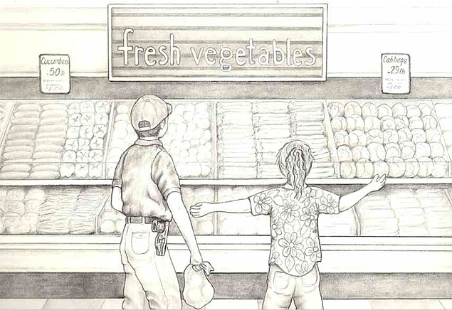 Ilustrao de livro infantil americano mostra pai portando arma ao fazer compras com a filha no mercado