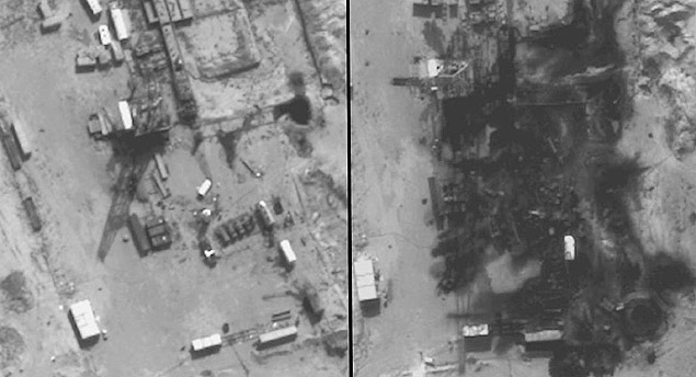 Imagens divulgadas pelo Pentágono mostram Refinaria de Petróleo Gbiebe, no leste da Síria, antes e depois de ataques aéreos dos EUA, da Arábia Saudita e dos Emirados Árabes Unidos