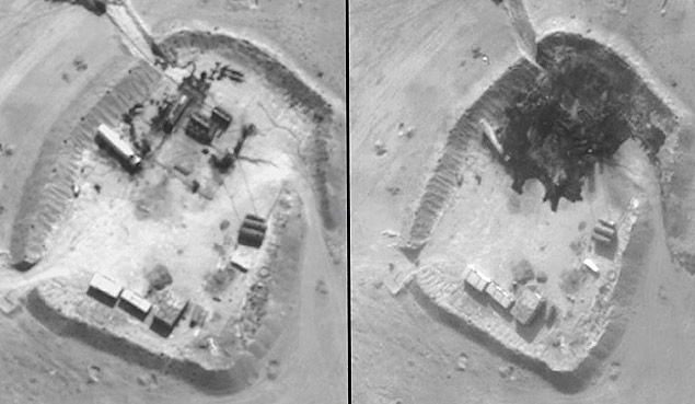 Imagens divulgadas pelo Pentágono mostram Refinaria de Petróleo Jeribe, no leste da Síria, antes e depois de ataques aéreos dos EUA, da Arábia Saudita e dos Emirados Árabes Unidos