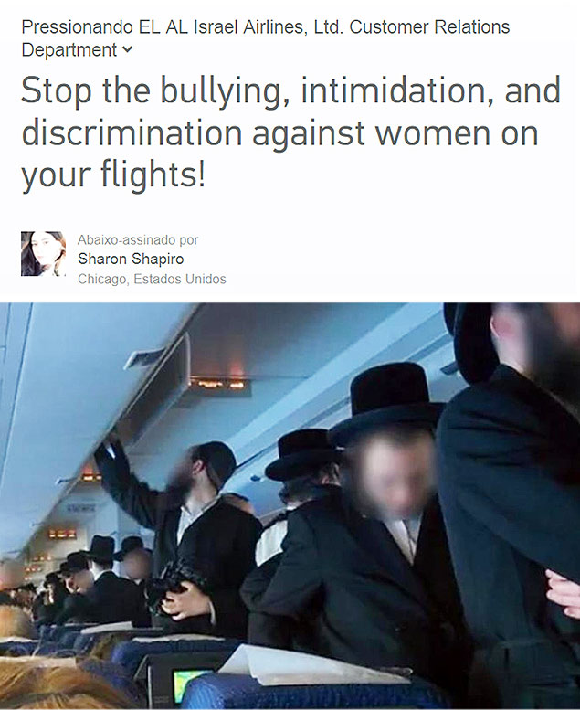 Petio na internet pede que El Al proba judeus ultra-ortodoxos no discriminem mulheres em voos