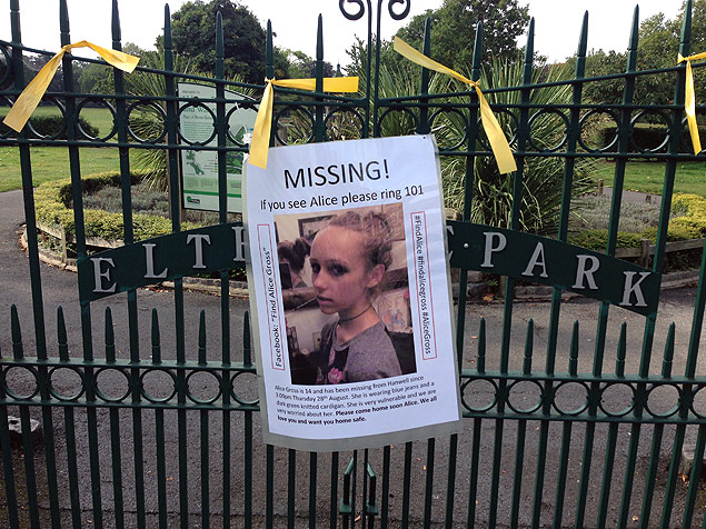 Cartaz com imagem de Alice Gross, desaparecida em 28 de agosto,  visto no porto do Parque Elthorne 