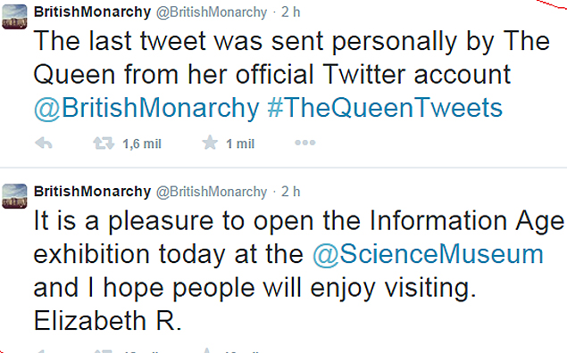 Tuítes da @BritishMonarchy; o debaixo assinado pela rainha Elizabeth 2ª
