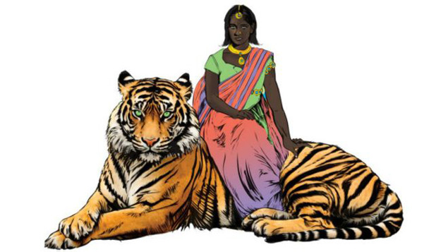 Imagem de Priya com seu tigre; ideia de super-herona  combater cultura da violncia sexual na ndia, diz autor 