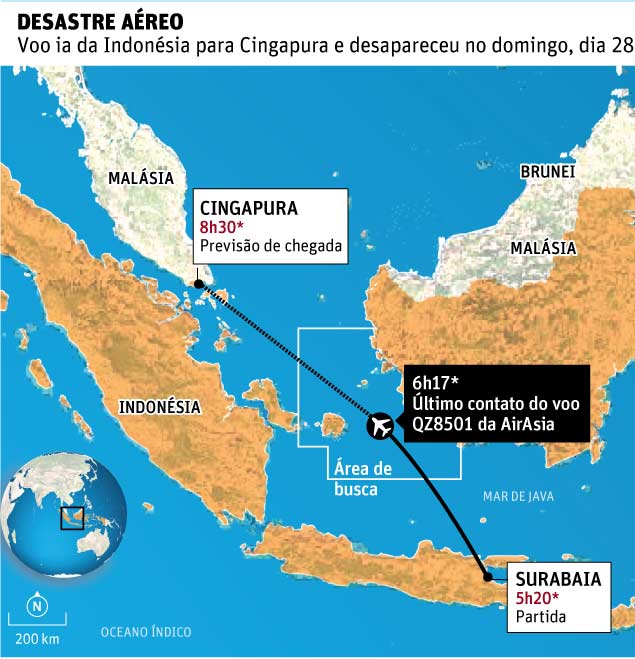 Mapa mostra onde foram encontrados corpos e partes do voo da AirAsia