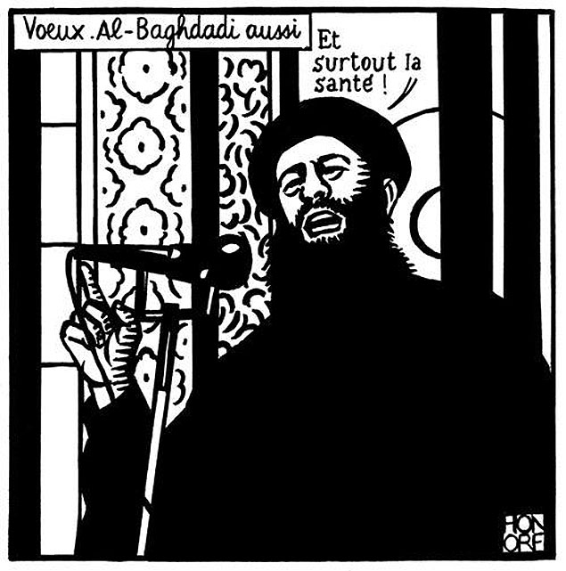  Cartum satirizando o lder do EI, Abu Bakr al-Baghdadi, ltima pblicao de jornal antes de atentado