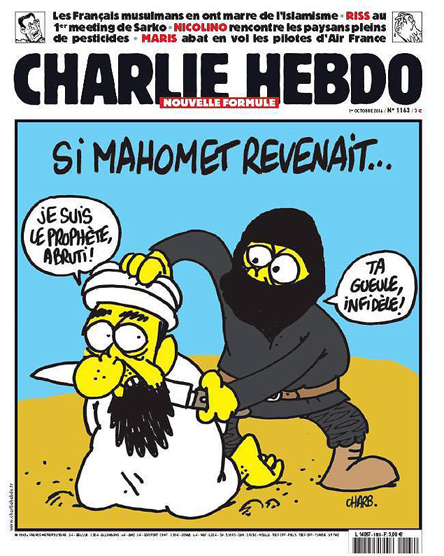 Capa do "Charlie Hebdo" assinada por Chab mostra militante do Estado Islâmico ameaçando Maomé