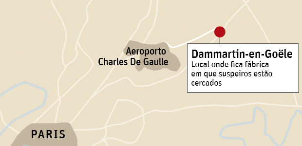 Mapa mostra Dammartin-en-Gole, a nordeste de Paris, onde os suspeitos esto cercados numa grfica 
