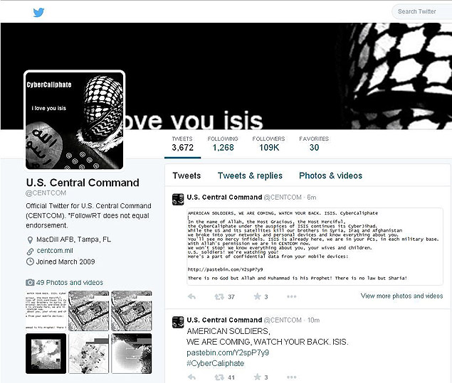 Reprodução da página do Twitter do Comando Central dos EUA após ataque de hackers