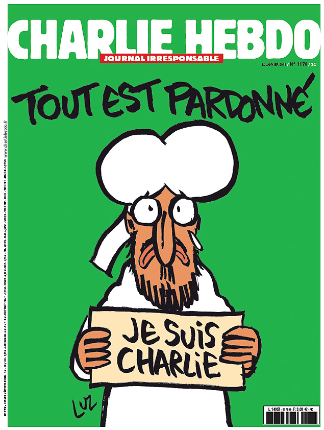 Capa do "Charlie Hebdo" com caricatura de Maom e frase "tudo est perdoado"