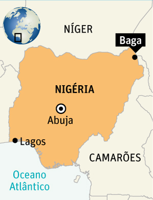 Localizao de Baga, local dos ataques do Boko Haram, perto da fronteira com Camares e Chade