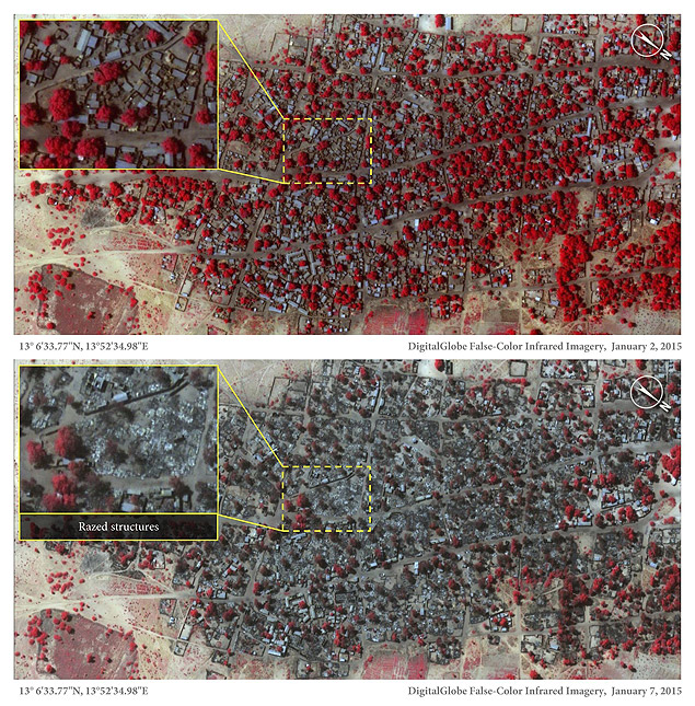 Fotos mostram antes (acima) e depois (abaixo) de Baga, na Nigéria