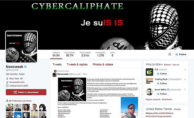 Pgina do Twitter da revista americana "Newsweek" aps ataque de hackers 