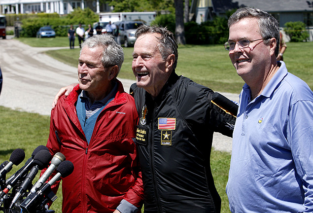 FILE - In this June 12, 2009, file photo. former President George H. W. Bush, center, is joined by his sons, former President George W. Bush, left, and former Florida Gov. Jeb Bush, as he speaks to reporters after his parachute jump with the Army Golden Knights parachute team to celebrate his 85th birthday in Kennebunkport, Maine. Let’s say that America has given you the job of picking the perfect candidate for president. There are all sorts of things to start the list: leadership, vision, charisma, communication skills and foreign policy cred. And more: fundraising prowess, authenticity, empathy, a keen understanding of the presidency and maybe a little familiarity with running for the office. This is Bush - the son and brother of former presidents. No one else can claim the same intimacy with the office. (AP Photo/Robert F. Bukaty, File) ORG XMIT: WX404