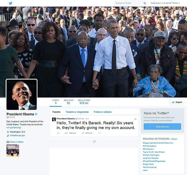 Conta do Twitter do presidente americano Barack Obama alcanou 1 milho de seguidores em 5h