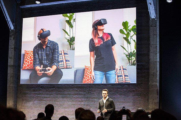 Brendan Iribe, bottom right, chief executive of Oculus VR, speaks during a media event to introduce the Oculus Rift virtual reality headset and hand controllers, in San Francisco, on June 11, 2015. The ability of virtual reality to transport people to locales, both exotic and ordinary, is well known, yet how the medium will fit into peoples online and offline lives is a new frontier. (Ramin Talaie/The New York Times)